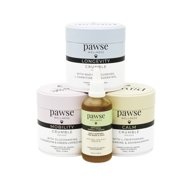 Pawse Wellness Complete Care Bundle featuring Calm, Mobility, and Longevity Crumbles plus Optimal Omega-3 Drops