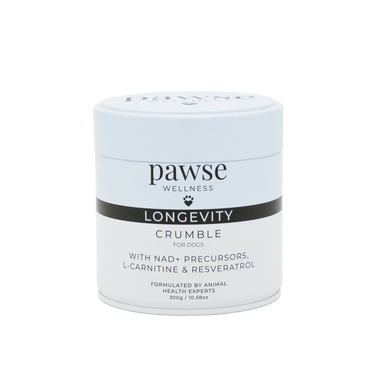 Jar of Pawse Wellness Longevity Crumble daily supplement for dogs, supporting healthy ageing and vitality