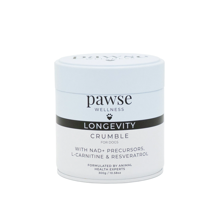 Jar of Pawse Wellness Longevity Crumble daily supplement for dogs, supporting healthy ageing and vitality