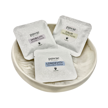 Pawse Wellness Crumble Tasters sample pack with Calm, Mobility, and Longevity supplement servings for dogs